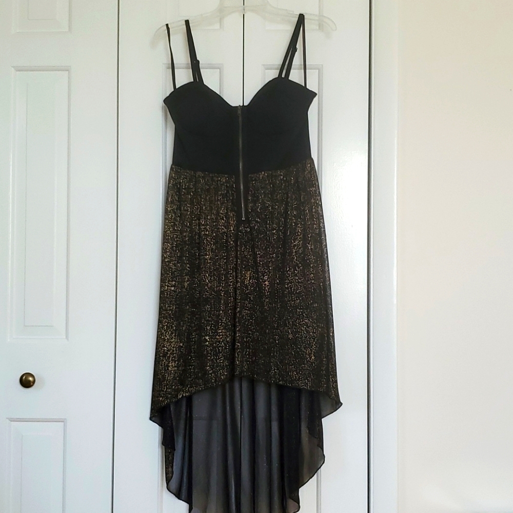 Black and Gold Zip Front High-Low Party Dress